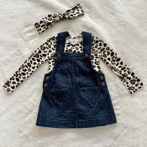 Max Studio Animal Print Denim Overall Dress 3 Piece Outfit with Bow Size 12M